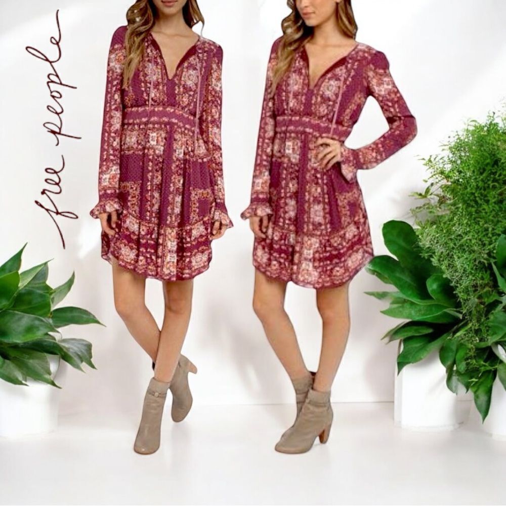 FREE PEOPLE Women’s Bridgette Mini Dress in Berry Combo in the Size Large
